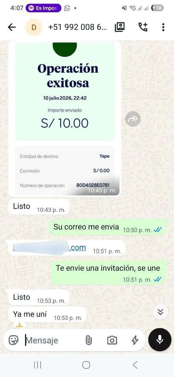 Comprobante de pago por Yape y cliente confirmando que ya se unió